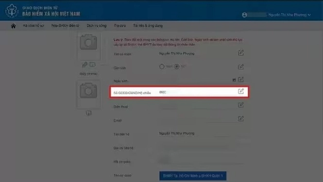 Nhập số CCCD mới vào mục thông tin cá nhân