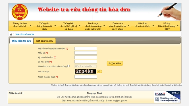 Tra cứu hóa đơn đầu trên trang tra cứu hóa đơn