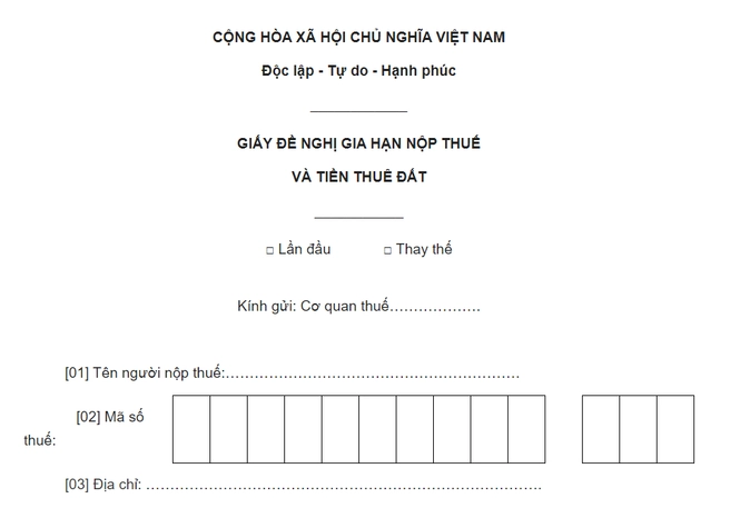 Mẫu Giấy đề nghị gia hạn nộp thuế và tiền thuê đất